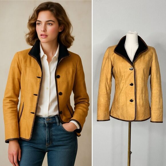 Lone Pine Jackets & Blazers - Vtg Lone Pine American Made Leather Jacket XS Tan Brown Trim Wool Cashmere Lined